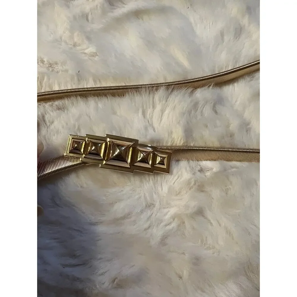 Vintage Gold Tone Stretch Snake Chain Belt | Pyramid Stud Buckle Cinch Belt